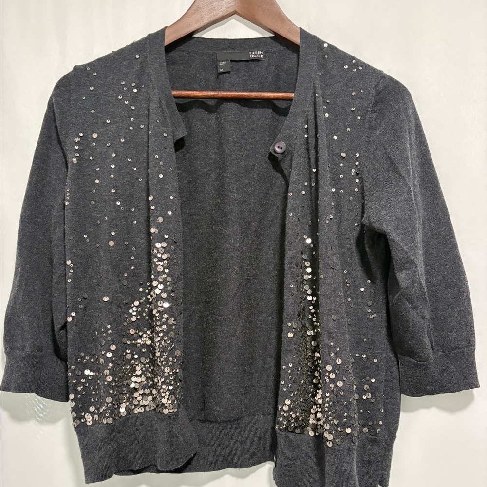 Eileen Fisher Medium Cotton/Cashmere Button-Front Cardigan Gray Sequins - Picture 5 of 8